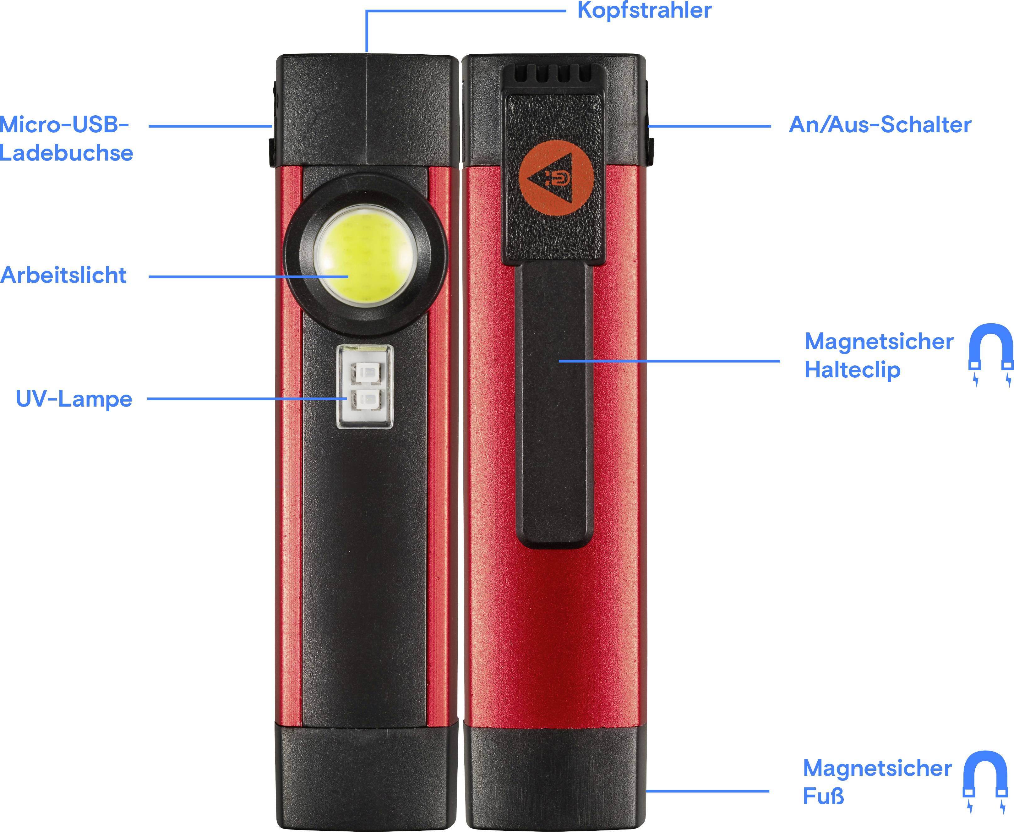 Diese Abbildung zeigt eine Arbeitsleuchte mit 'Kopfstrahler', 'Arbeitslicht' und 'UV-Lampe'. Sie hat einen 'An/Aus-Schalter', 'Micro-USB-Ladebuchse', 'Magnetischer Halteclip' und 'Magnetischer Fuß'.
