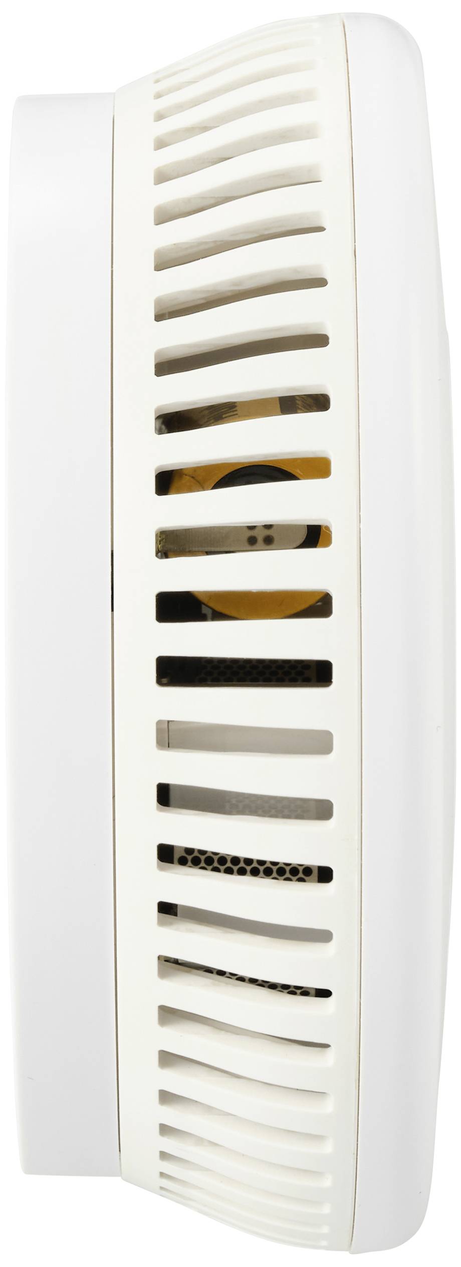 Ein Rauchmelder, seitlich abgebildet, mit Lüftungsschlitzen sichtbar und einem leicht gewölbten Design.