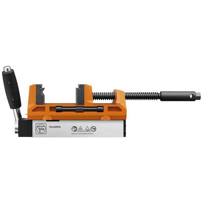 Orangener Schraubstock mit schwarzem Griff und zwei Haltemechanismen auf silbernem Sockel. Geeignet zur Fixierung von Werkstücken.