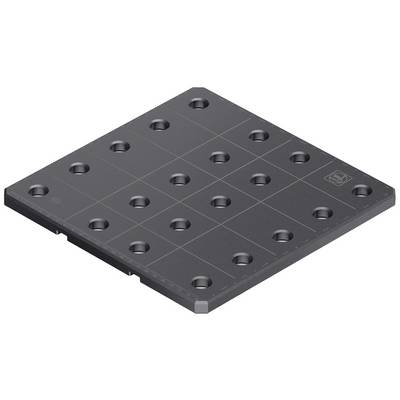 Ein schwarzer Metallblock mit mehreren Löchern in gleichmäßigen Abständen. Verwendung möglicherweise für industrielle oder technische Anwendungen.