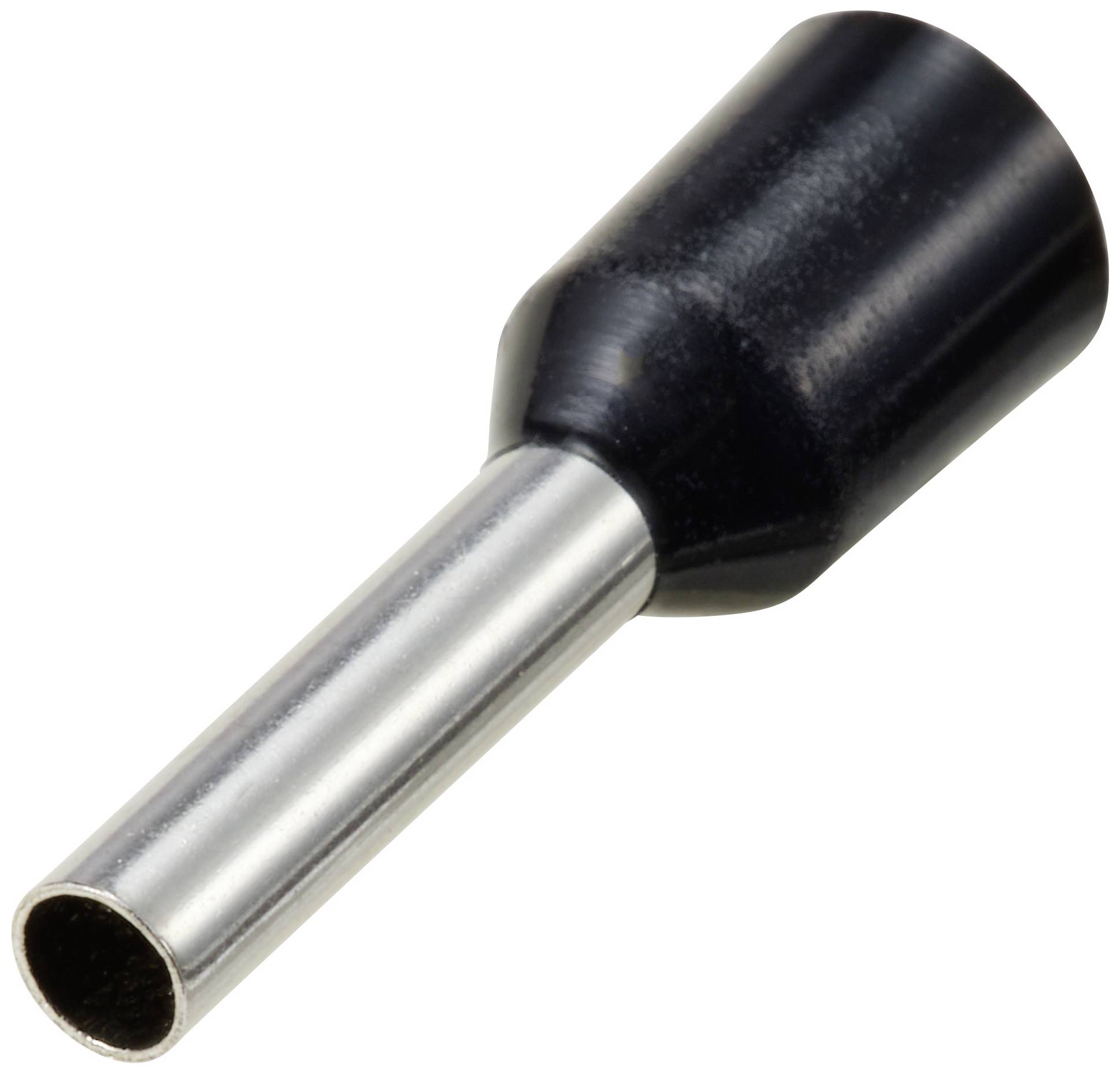 Abgebildet ist eine Aderendhülse mit schwarzer Isolierung und silbernem Metallrohr, die zur Verbindung elektrischer Kabel dient.
