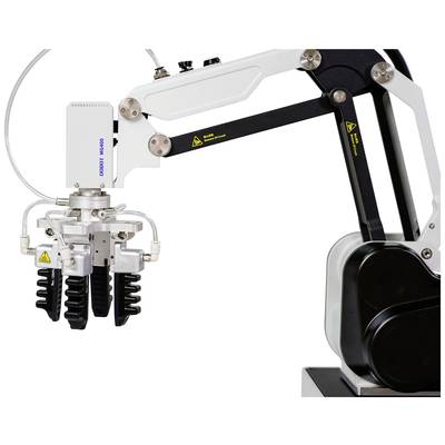 Roboterarm mit Greifer in Nahaufnahme. Der Arm besteht aus weißem und schwarzem Metall mit sichtbaren Kabeln und Steuerungselementen.