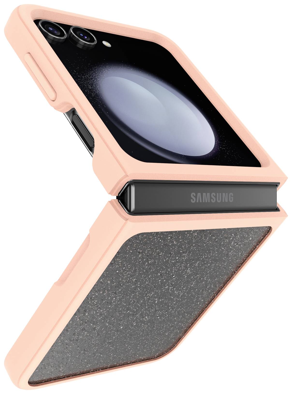 Ein aufklappbares, rosafarbenes Smartphone mit schwarzer Innenseite und Kameras oben links, im zusammengeklappten Zustand sichtbar.