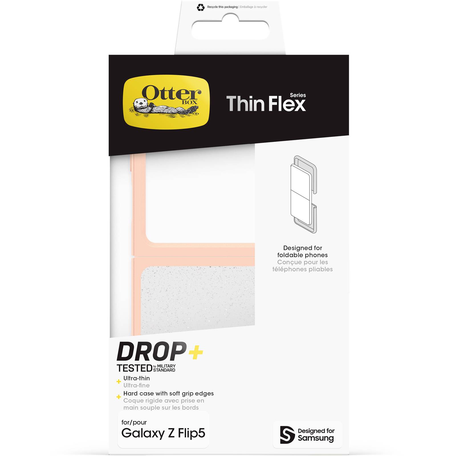 Verpackung einer 'OtterBox Thin Flex Series' Handyhülle für Samsung Galaxy Z Flip5. Produktdetails: ultradünn, flexibles Material, stoßfest.