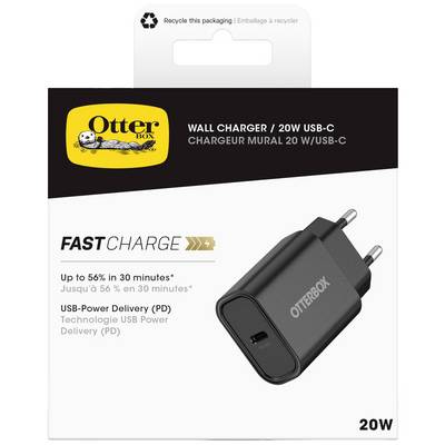 Wandladegerät OtterBox 20W USB-C abgebildet, mit schneller Ladefunktion. Verpackung wirbt mit 'bis zu 56% in 30 Minuten' Aufladung.