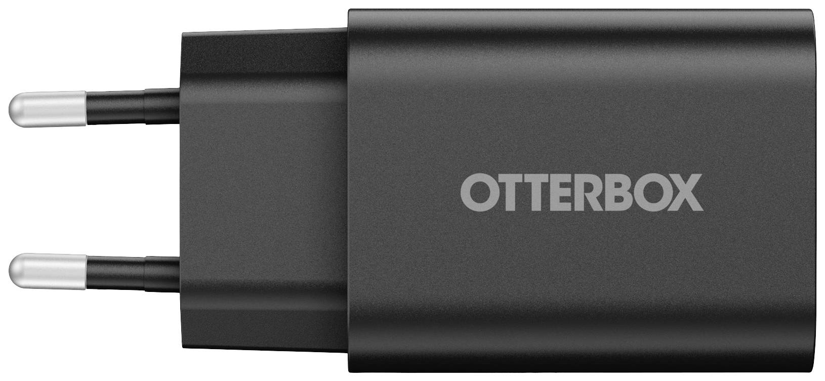 Schwarzes Ladegerät mit zwei Stiften, darauf das Logo 'OTTERBOX'.