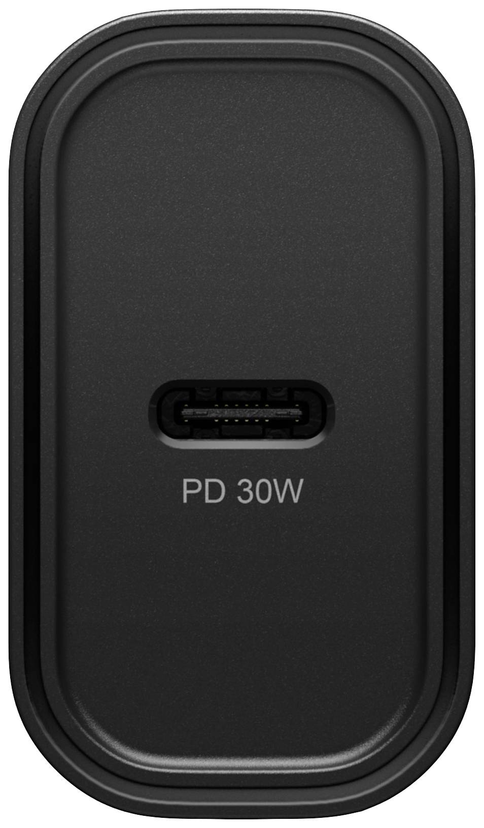 Schwarzes USB-Ladegerät mit USB-C-Anschluss, auf dem 'PD 30W' steht, was auf eine Ladeleistung von 30 Watt hinweist.