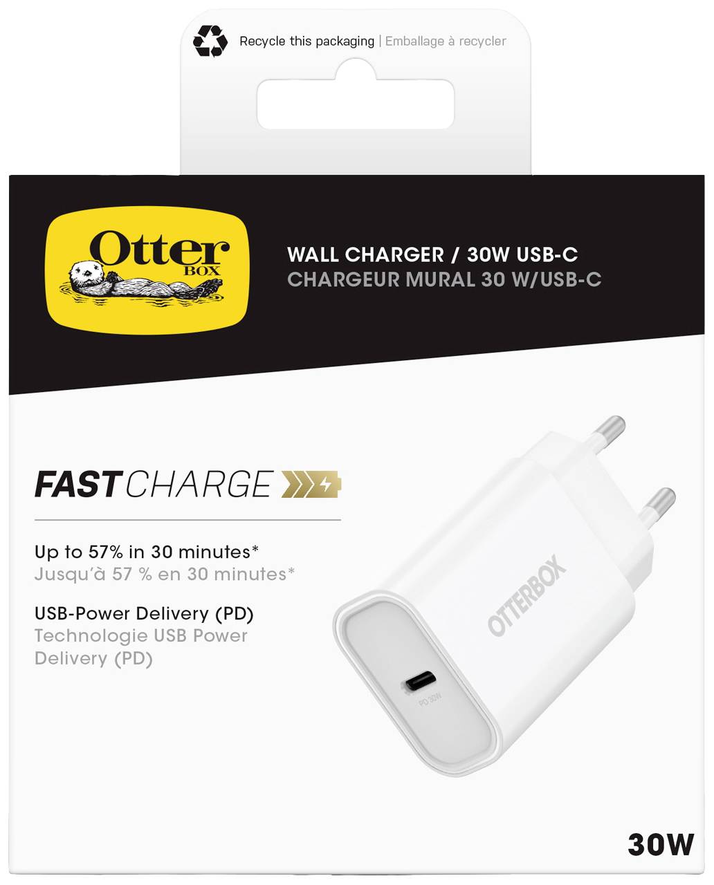 'Ladegerät OtterBox 30W USB-C, schnelles Laden bis zu 57% in 30 Minuten, Power Delivery Technologie. Verpackung zeigt Gerät und Infos.'