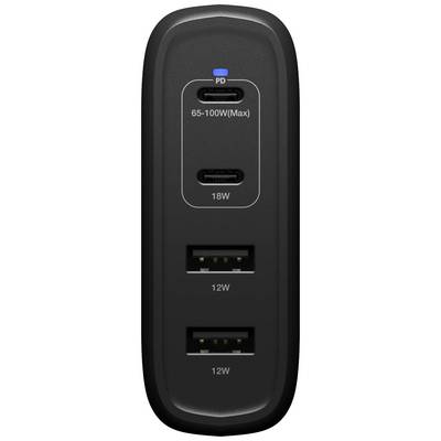 Ein schwarzes Ladegerät mit zwei USB-C-Anschlüssen oben, 65-100W und 18W, und zwei USB-A-Anschlüssen unten, jeweils 12W.