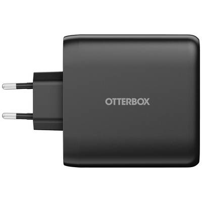 Schwarzes Ladegerät des Herstellers 'Otterbox' mit EU-Stecker, seitliche Ansicht.