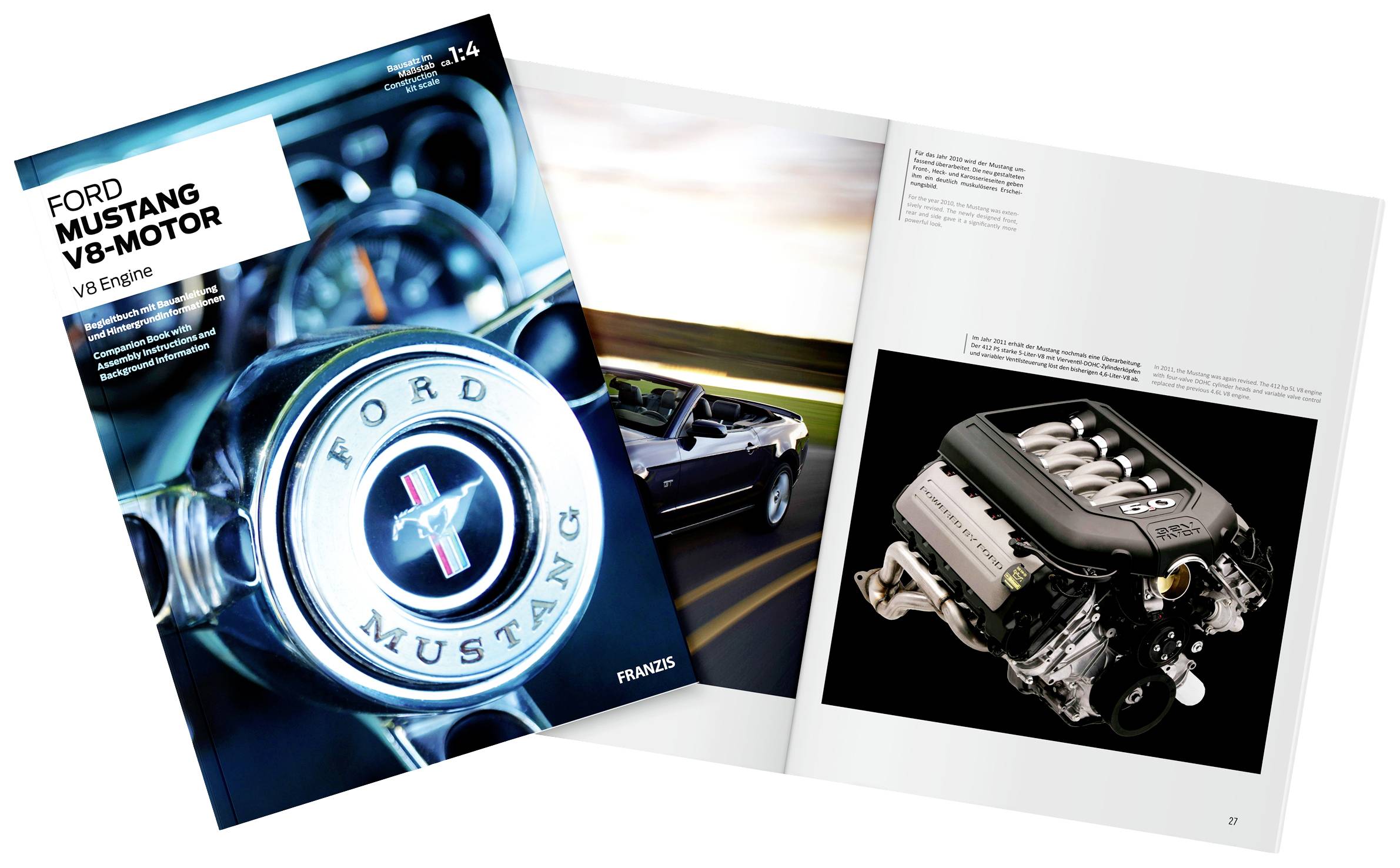 Katalogseite mit einem Bild eines Ford Mustang V8-Motors und eines fahrenden Mustangs. Text zeigt 'Ford Mustang V8-Motor'.