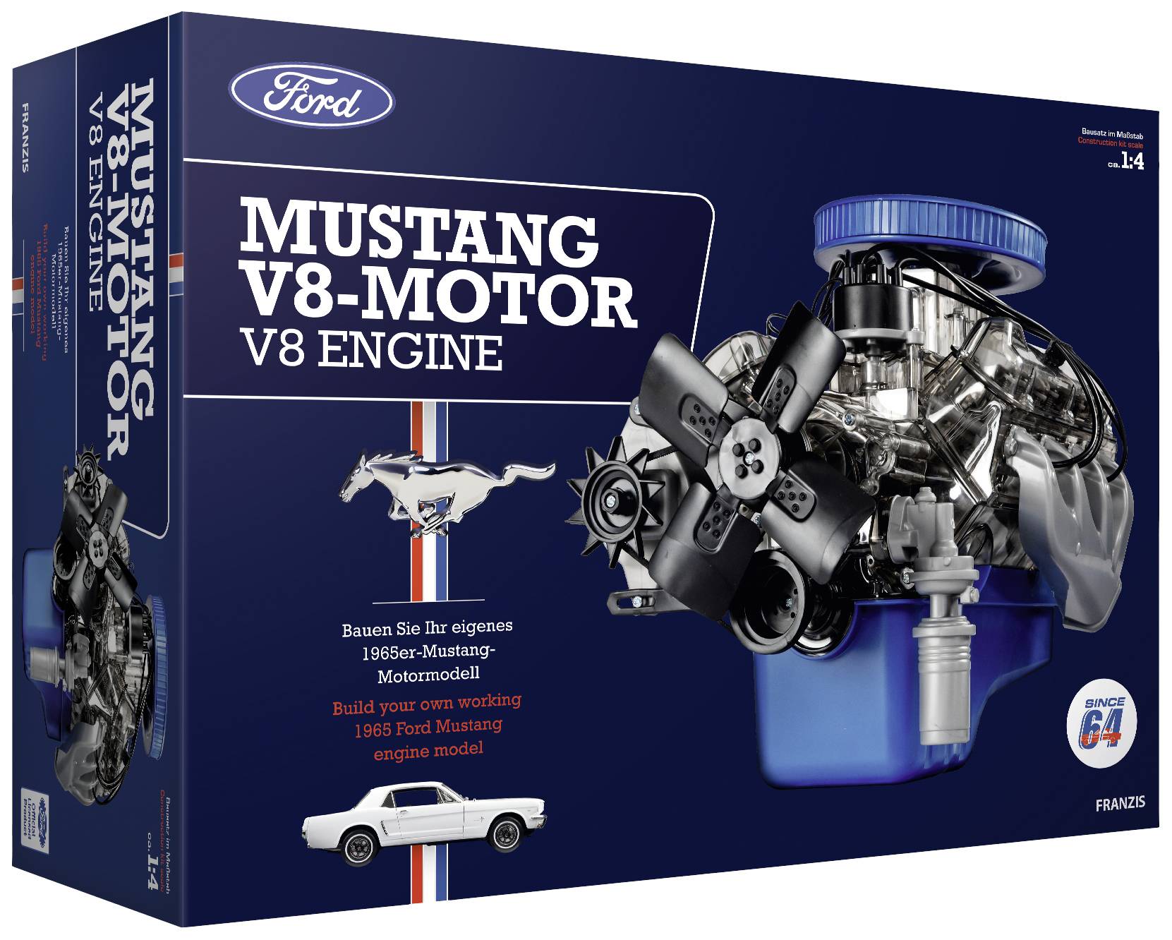 Verpackung eines Modellbausatzes des Ford Mustang V8-Motors. Zeigt Motorabbildung und Text 'Bauen Sie Ihr eigenes 1966er Mustang-Motormodell'.