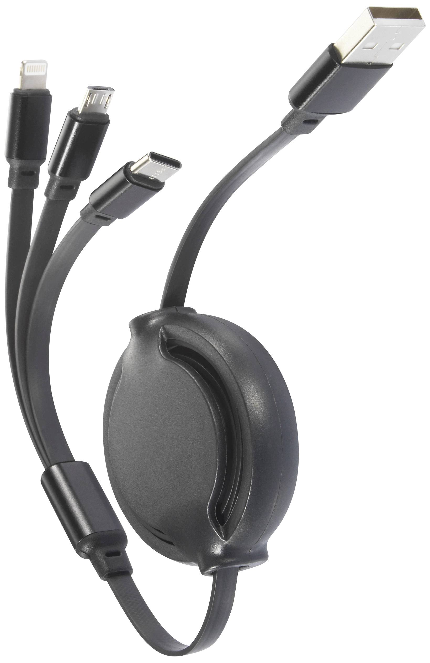 Ein schwarzes, aufrollbares Ladekabel mit USB-Anschluss auf der einen Seite und drei verschiedene Anschlüsse auf der anderen Seite.