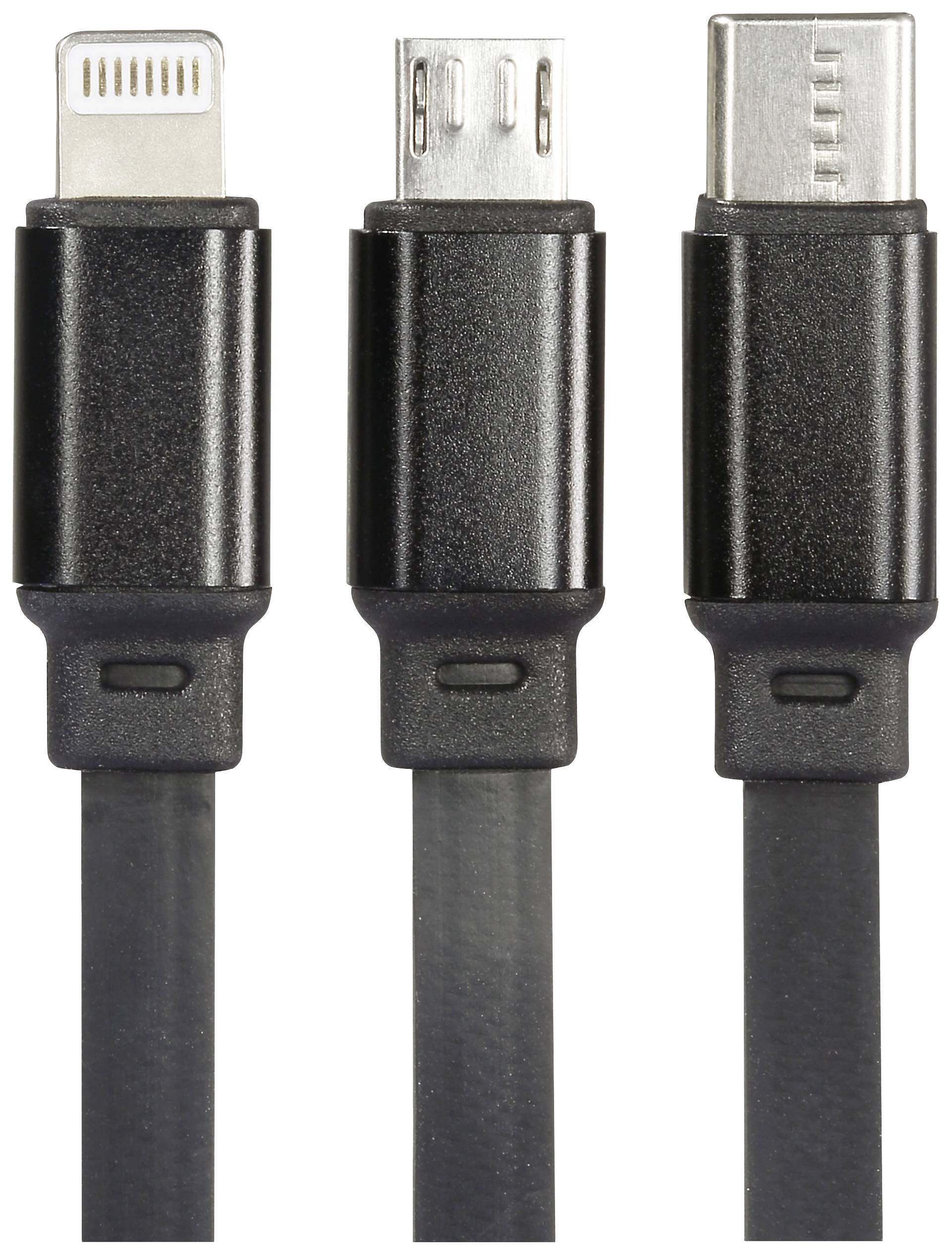 'Drei schwarze Kabel mit verschiedenen Anschlüssen: Lightning, Micro-USB und USB-C, nebeneinander auf weißem Hintergrund.'