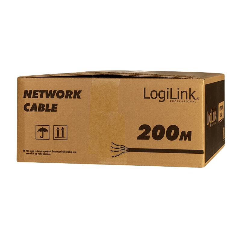 Karton mit der Aufschrift 'LogiLink Professional Network Cable 200M'. Hinweis: Kabel vorsichtig transportieren, nicht stapeln.