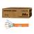 Ein brauner Karton mit der Aufschrift 'Network Cable 50M LogiLink'. Darunter ein orangefarbener Netzwerkkabelabschnitt mit inneren Kabeln.