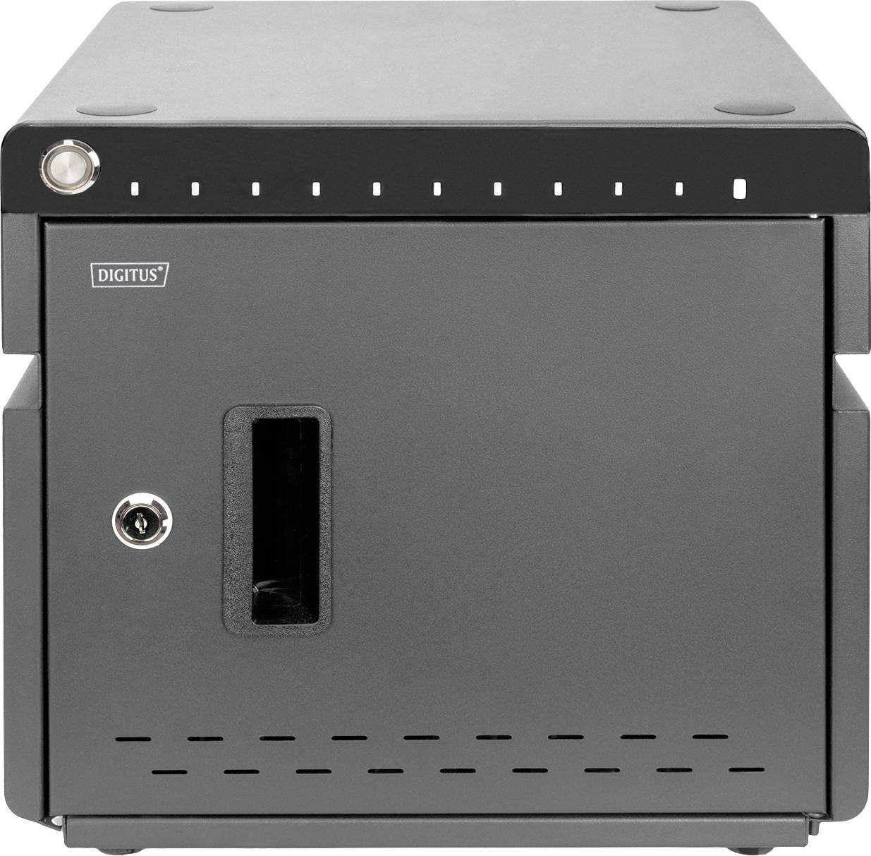 Ein schwarzer Netzwerkschrank mit Tür und Schloss an der Vorderseite, geeignet zur sicheren Aufbewahrung elektronischer Geräte.