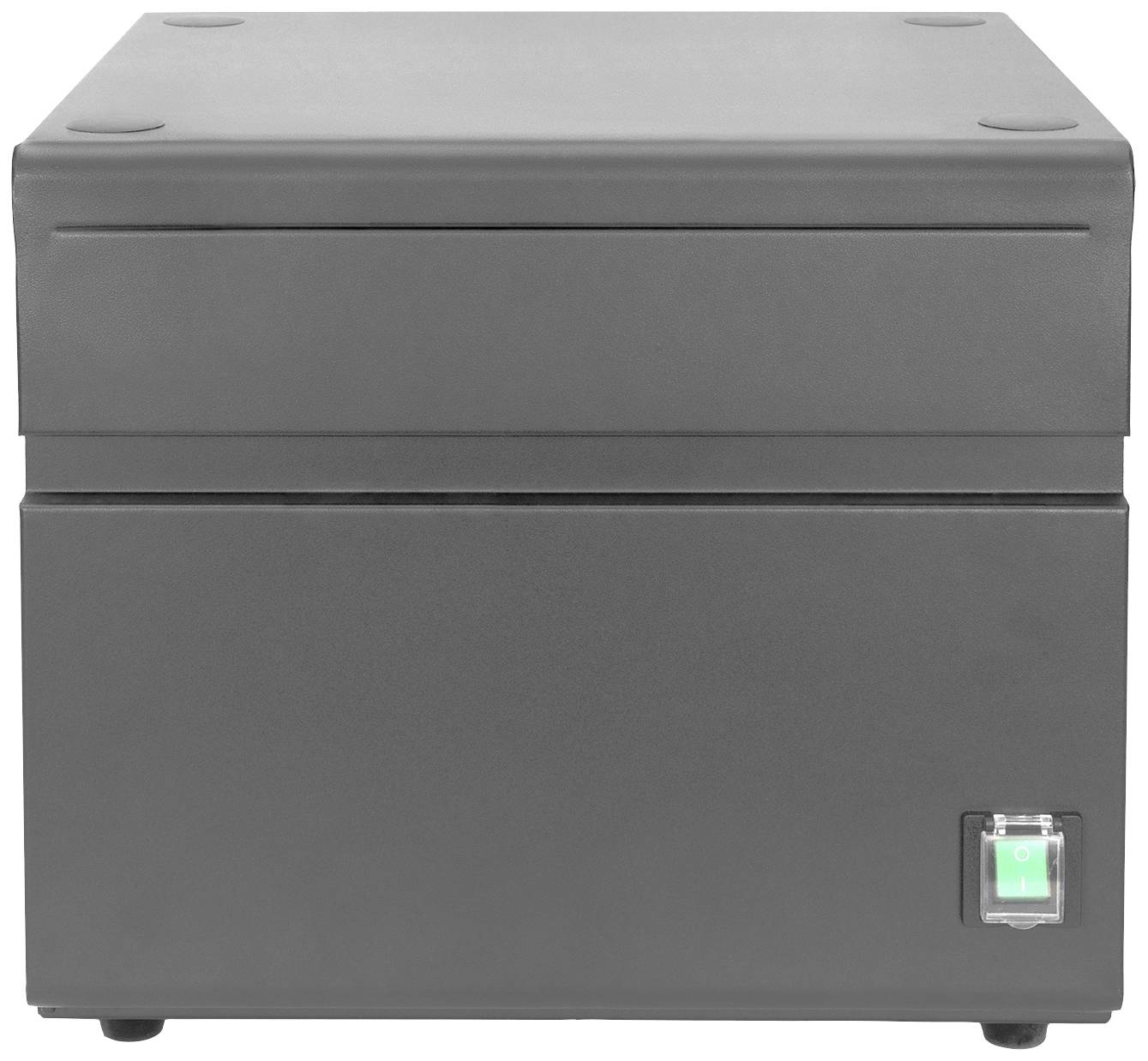 Ein schwarzes, quadratisches Gerät mit einem grünen Ein-/Ausschalter unten rechts.