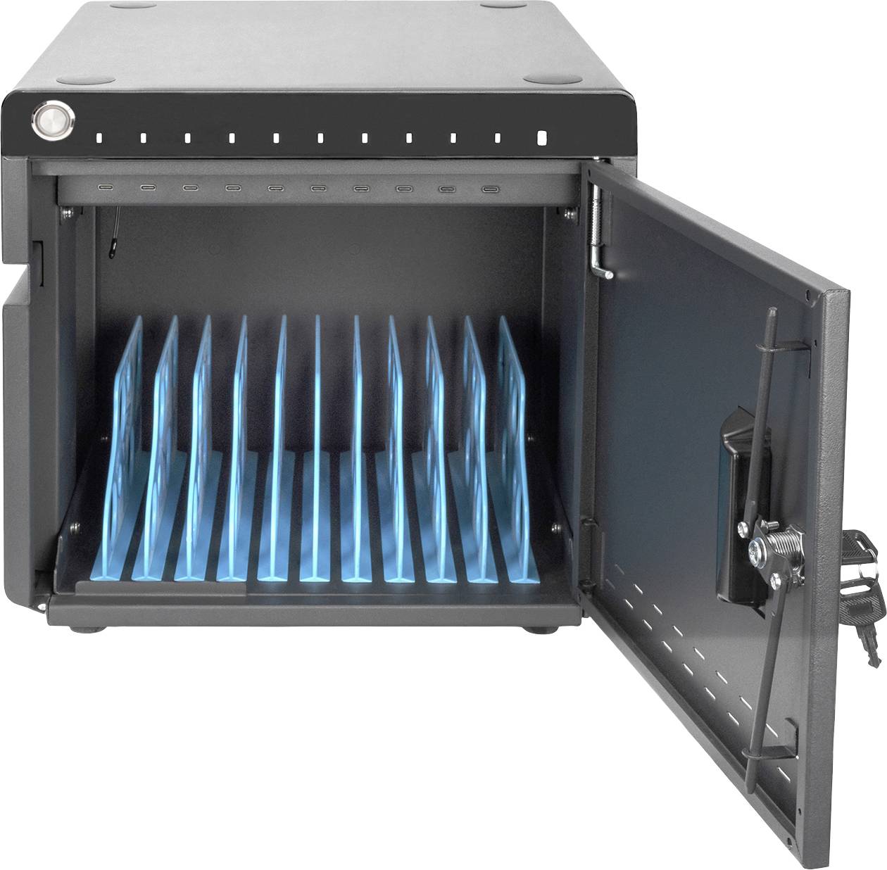 Ein offener Ladeschrank mit blauer Beleuchtung innen, zeigt mehrere Fächer zur Aufbewahrung und gleichzeitigen Einspeisung von Geräten.