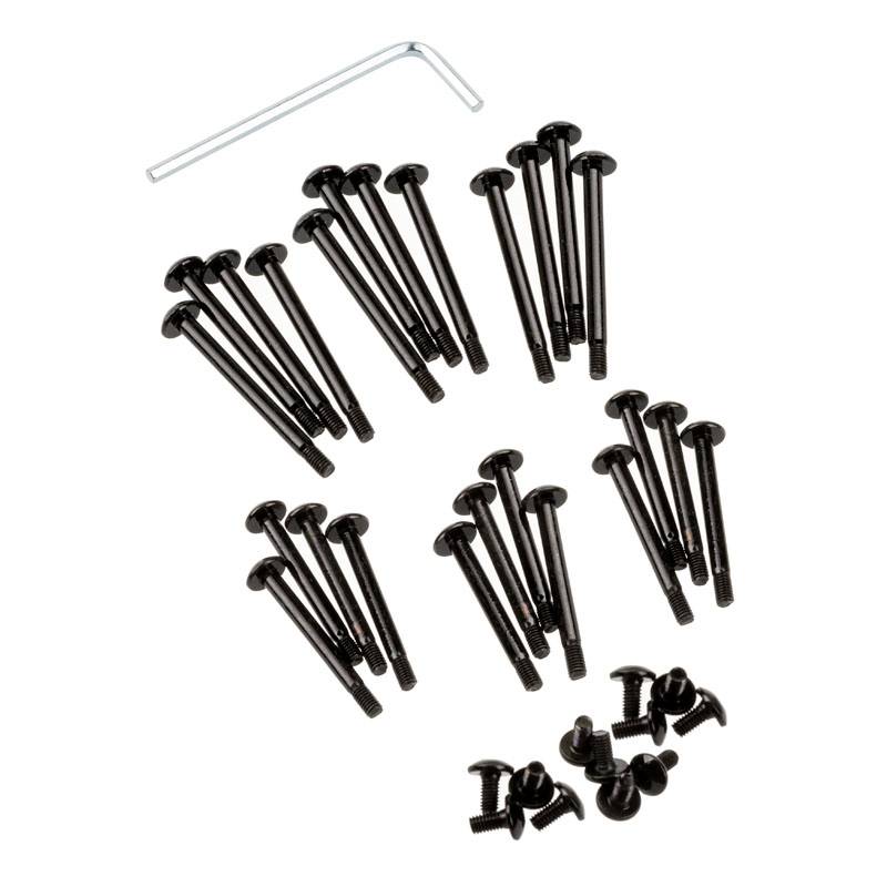 Mehrere schwarze Schrauben, Muttern und ein Inbusschlüssel auf weißem Hintergrund. Die Schrauben sind in Gruppen angeordnet.