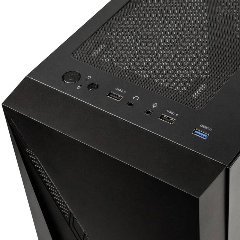 Ein schwarzer Computergehäuse-Tower mit Oberseite, die USB- und Audiosteckplätze zeigt.