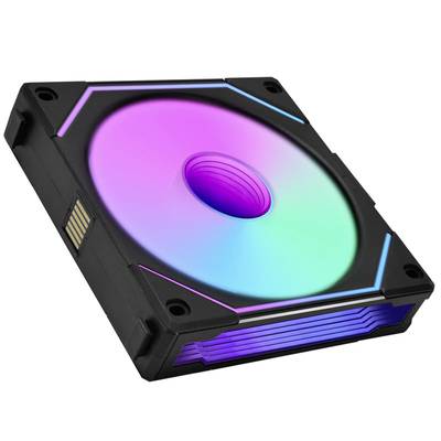 Ein PC-Lüfter mit RGB-Beleuchtung, der in verschiedenen Farben leuchtet, montiert in einem quadratischen, schwarzen Rahmen.