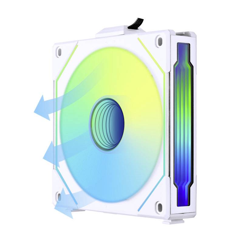 Ein weißer Computerlüfter mit farbigem LED-Licht und blauen Luftstrom-Pfeilen zeigt den Luftfluss von der Vorderseite zur Seite an.
