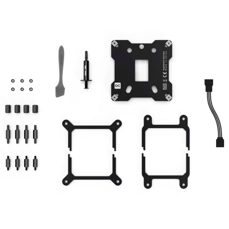 CPU-Kühler-Montagesatz mit Backplate, Halterungen, Schrauben, Abstandshaltern, Wärmeleitpaste, Spatel und Kabeladapter.