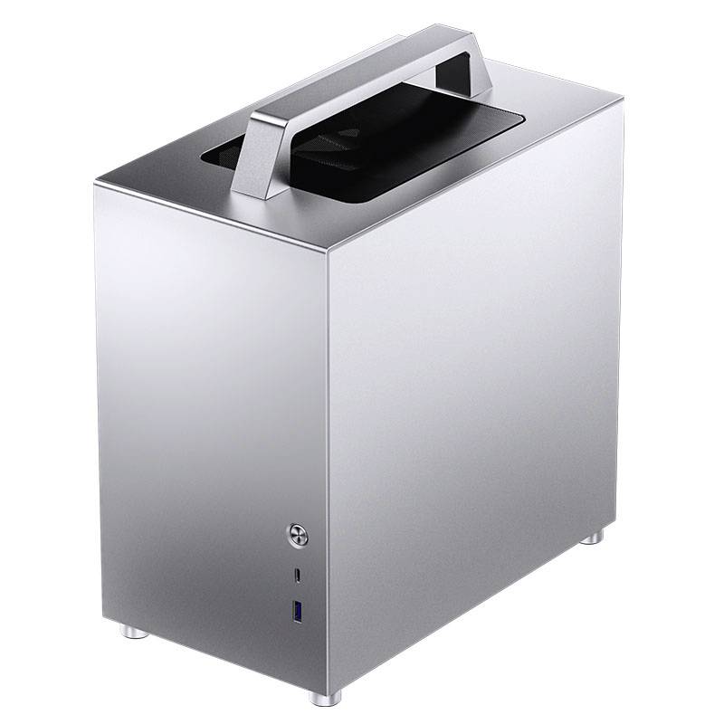 Silberner, rechteckiger Mini-Computer mit Griff, USB-Anschluss vorn. Steht auf vier runden Füßen.