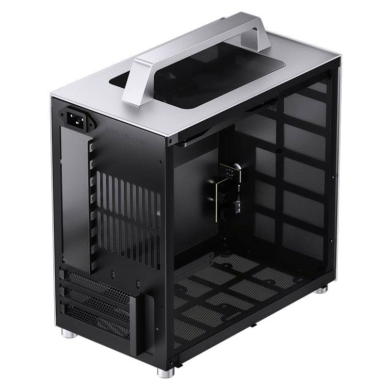 Ein schwarzes, rechteckiges Computergehäuse mit transparentem Seitenfenster und silbernem Griff oben.