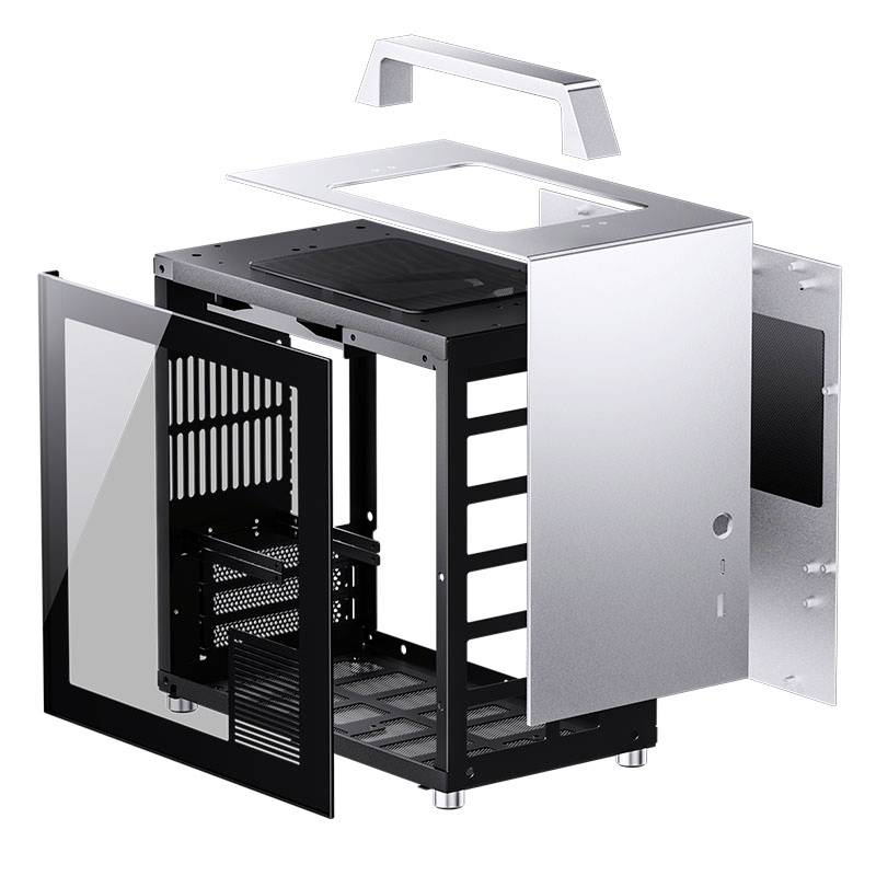 Geöffnete Mini-ITX-PC-Gehäuse mit abgenommenen Seiten- und Oberteilen, zeigt modulare Struktur mit schwarz-silbernem Design.