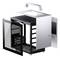 Geöffnete Mini-ITX-PC-Gehäuse mit abgenommenen Seiten- und Oberteilen, zeigt modulare Struktur mit schwarz-silbernem Design.