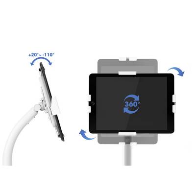 Stylisch weißer Tablet-Ständer mit 360°-Drehung und Neigungsmöglichkeiten von +20° bis -110°. Ideal für flexibles Anschauen.
