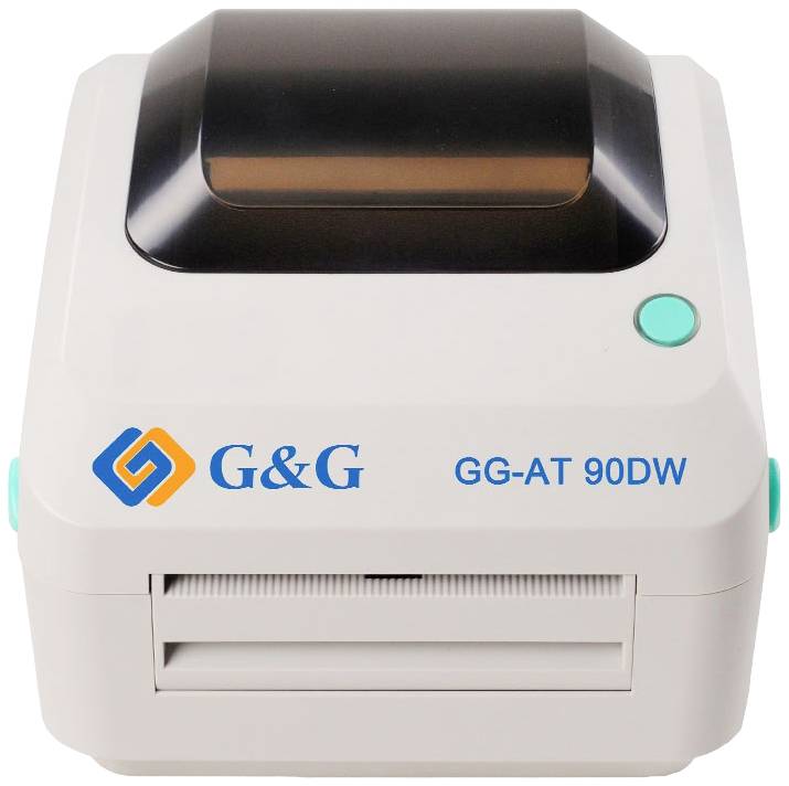Ein grauer Etikettendrucker mit der Aufschrift 'G&G GG-AT 90DW'. Oben befindet sich eine durchsichtige schwarze Abdeckung.
