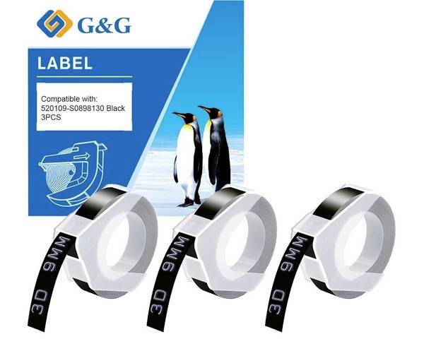 G&G  Prägeband, Schriftband   Bandfarbe: Schwarz Schriftfarbe: Weiß 9 mm 3 m