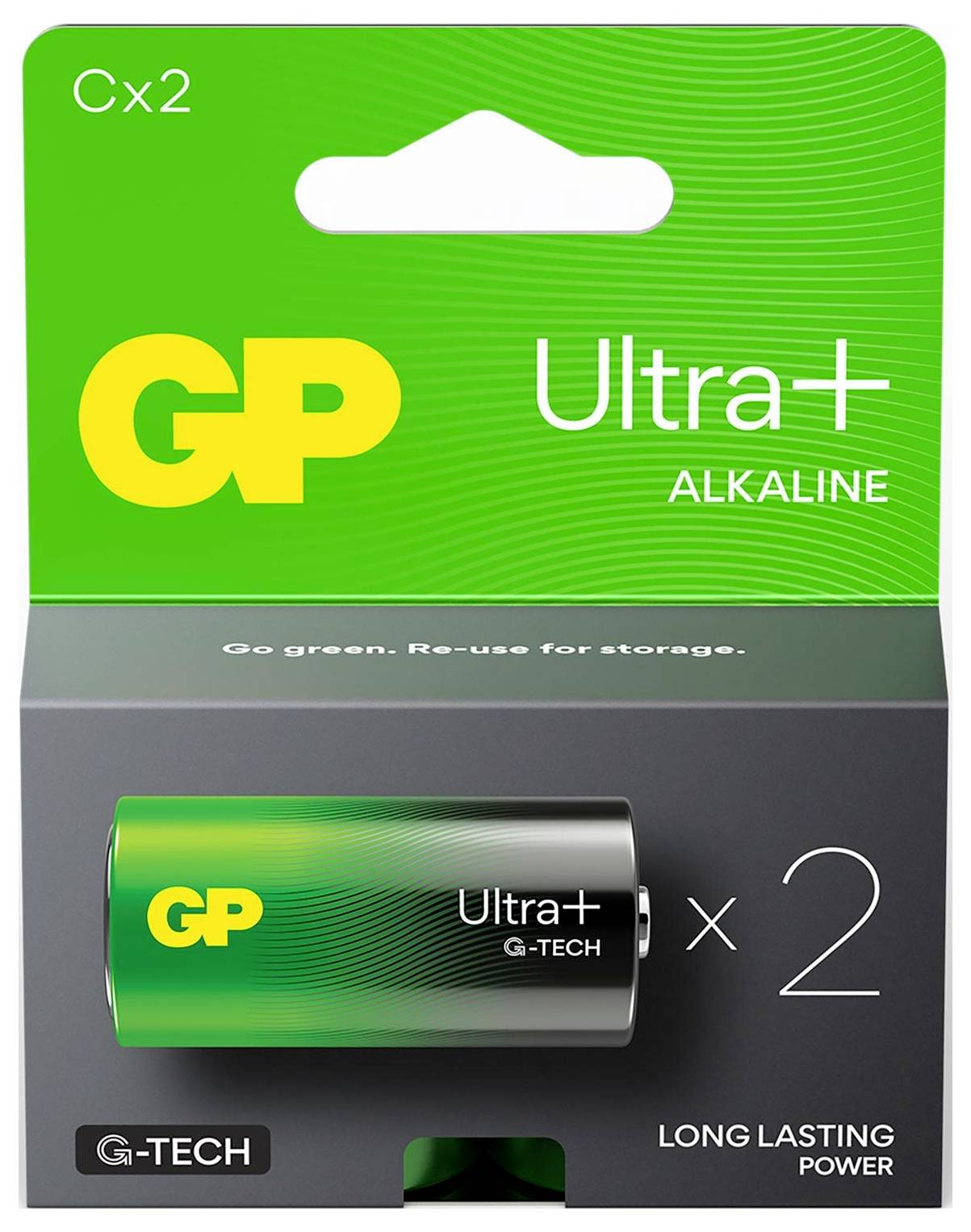Verpackung von 2 GP Ultra+ Alkaline-Batterien (Cx2) mit grüner Batterie und Hinweis 'LONG LASTING POWER'.