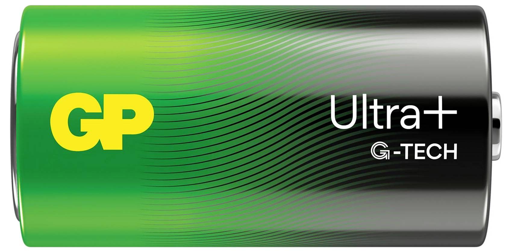 Grüne GP Ultra+ G-TECH Batterie in Großaufnahme, mit gelbem GP-Logo und schwarzer/weißer Beschriftung auf dem Gehäuse.