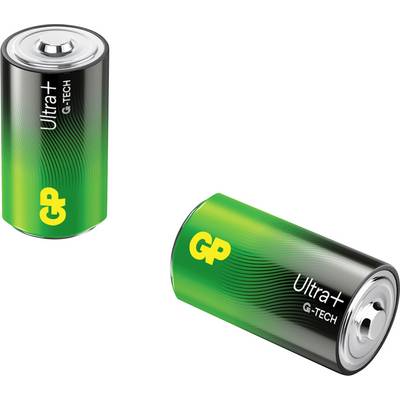 Zwei grün-schwarze GP Ultra+ G-Tech Batterien, eine aufrecht und eine liegend, mit gelbem GP-Logo und silbernem Plus-Kontakt.<br>