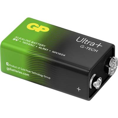 Eine grün-schwarze 9V-Alkalibatterie von GP Ultra+ G-Tech mit Plus- und Minuspol.
