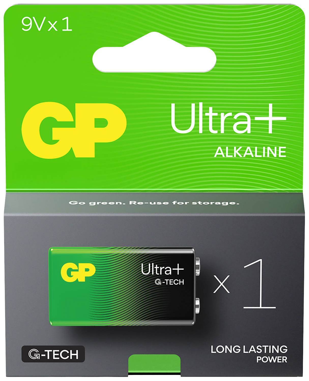 Grün-gelbe Verpackung einer 9V-Batterie der Marke GP Ultra+ Alkaline. Text 'Long Lasting Power' und 'Go green. Re-use for storage.'