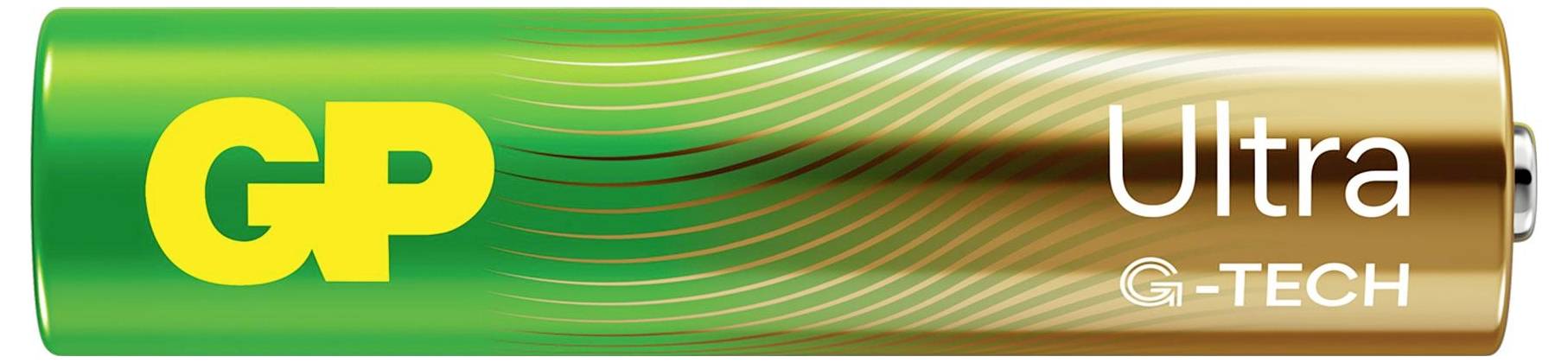 Eine grüne GP Ultra G-TECH Batterie mit gelbem Logo und goldenem Pluspol.