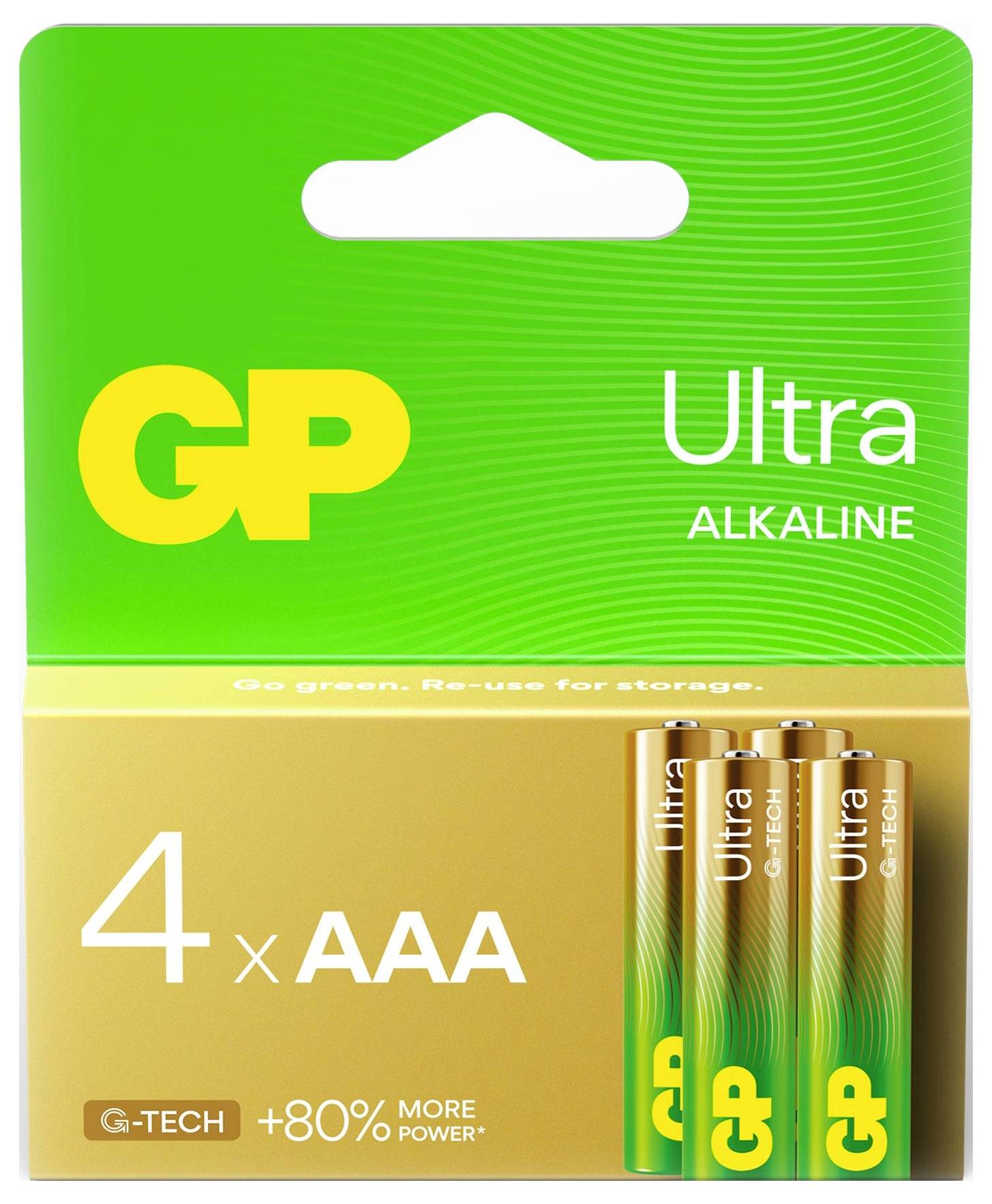 Verpackung von GP Ultra Alkaline AAA-Batterien, 4er-Pack, mit +80% mehr Leistung und G-TECH-Beschriftung.<br>