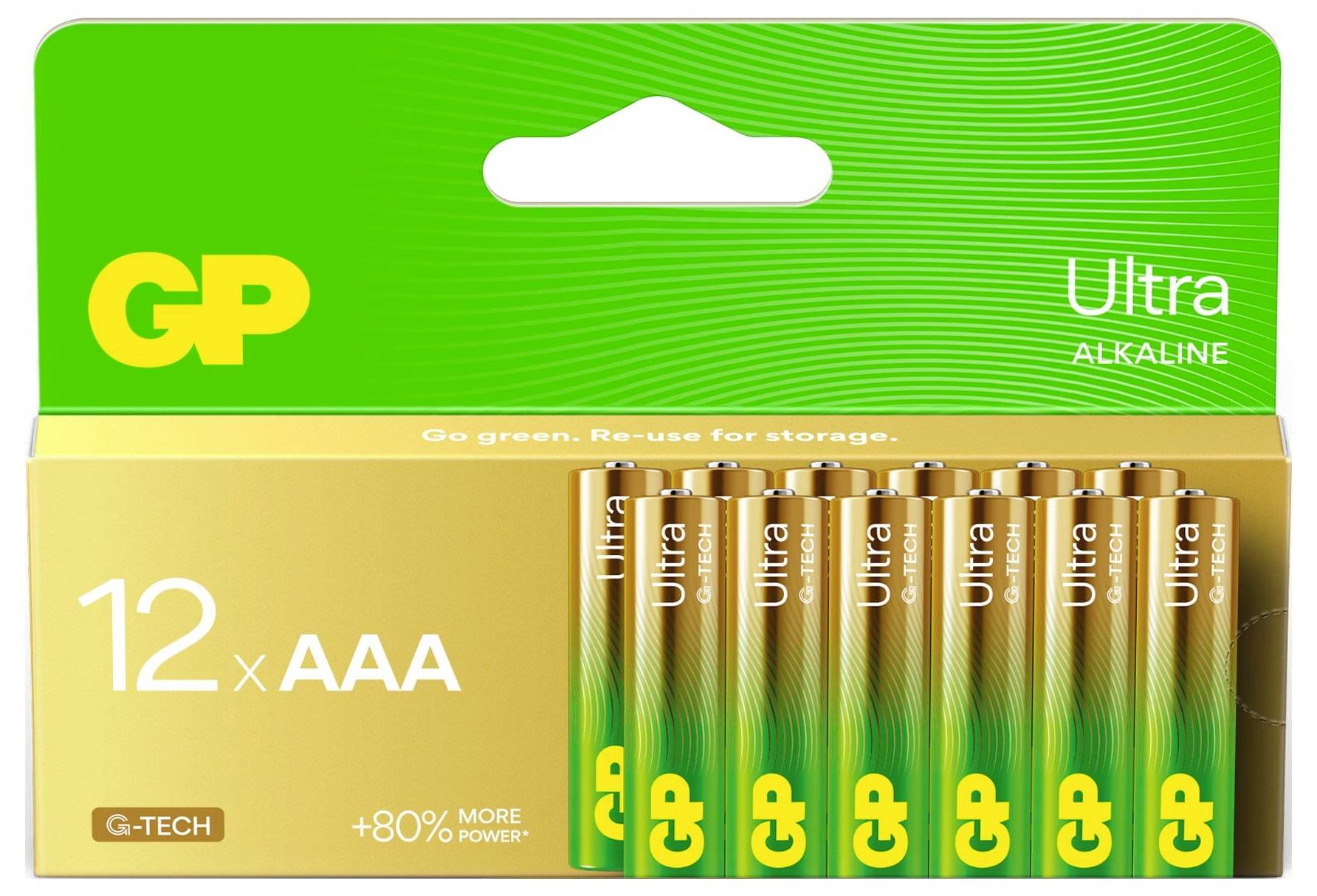 Verpackung mit 12 AAA-Batterien von GP Ultra Alkaline, grün-goldes Design, Hinweis 'Go green. Re-use for storage.' und '+80% MORE POWER'.