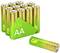 Zwölf AA-Batterien der Marke GP Ultra G-TECH in Gelb und Grün, eine Batterie liegt separat vorne im Bild.