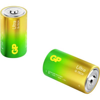 Zwei gelb-grüne GP Ultra G-Tech Alkaline-Batterien: eine stehend, eine liegend auf weißem Hintergrund.
