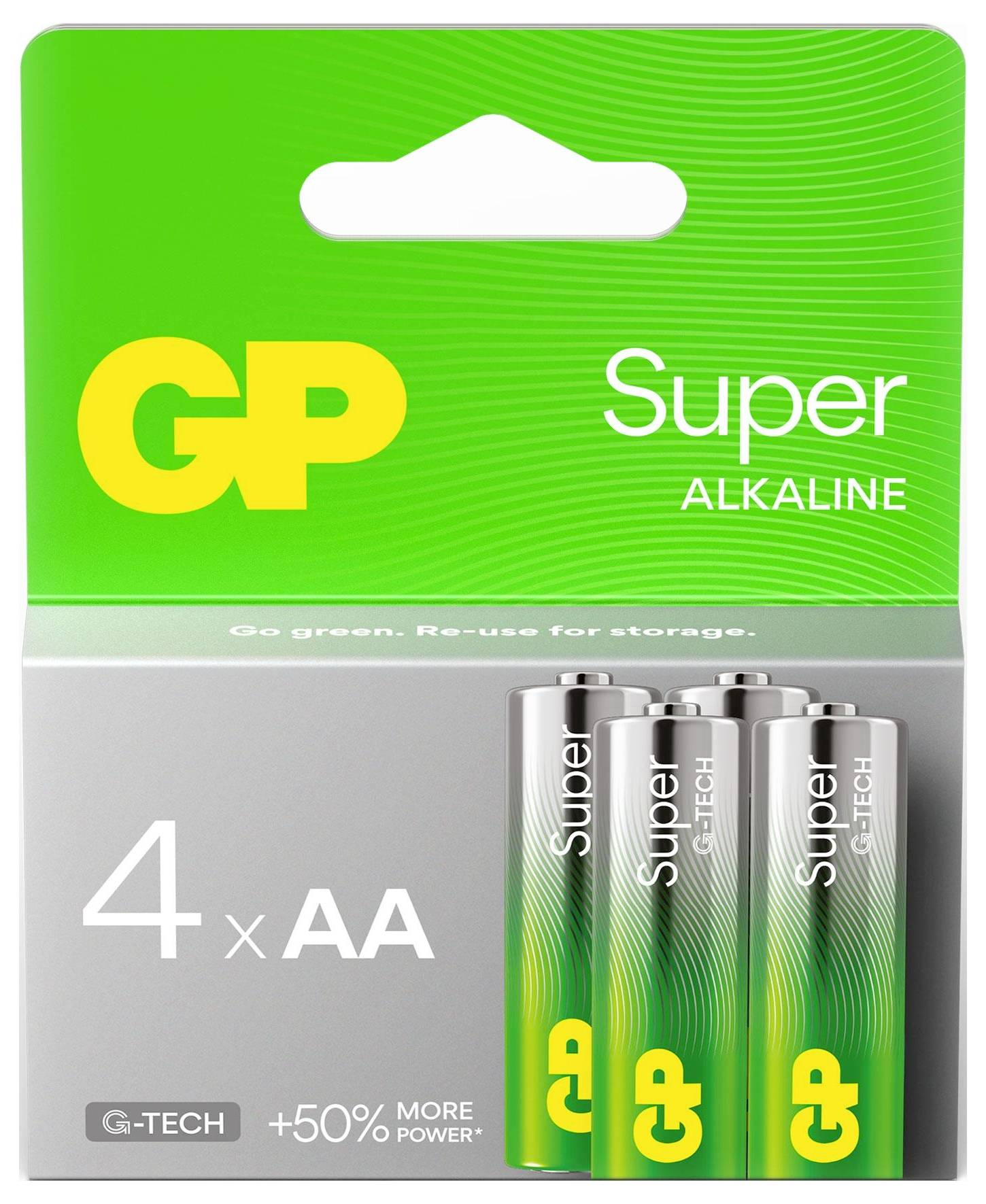 Verpackung von GP Super Alkaline Batterien, 4 AA; grün-silbernes Design mit drei abgebildeten AA-Zellen und Aufdruck '4 x AA' sowie 'G-TECH' und '+50% MORE POWER'.