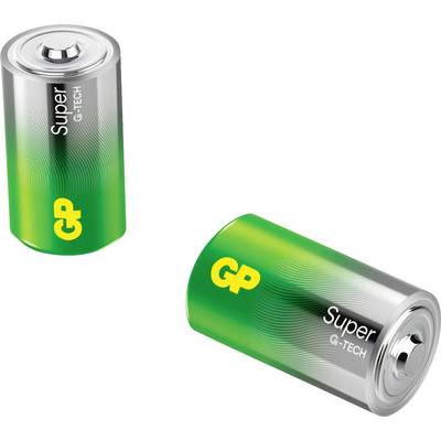 Zwei grün-silberne GP Super G-TECH Batterien, eine stehend und eine liegend auf weißem Hintergrund.