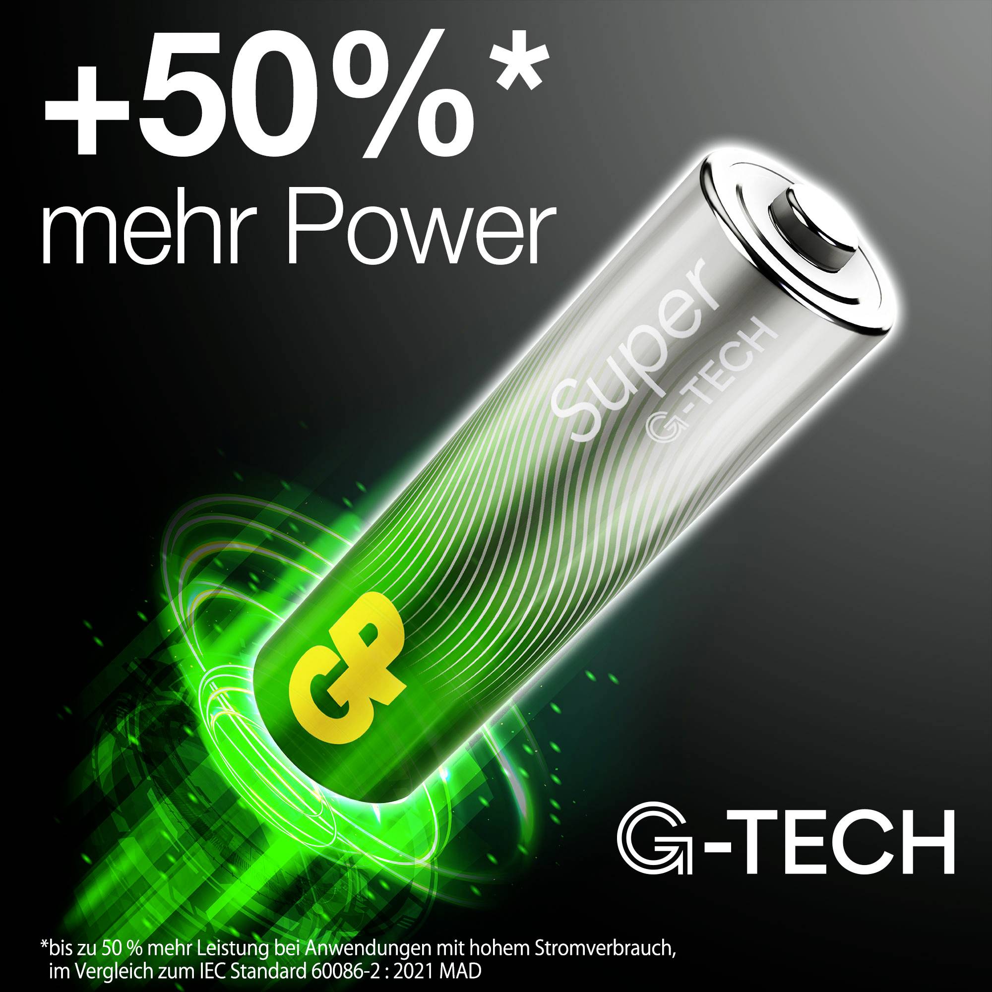 'Batterie: G-TECH Super. Slogan: +50% mehr Power. Leuchtet grün bei hoher Leistung. Vergleich: IEC Standard 60086-2:2021 MAD.'