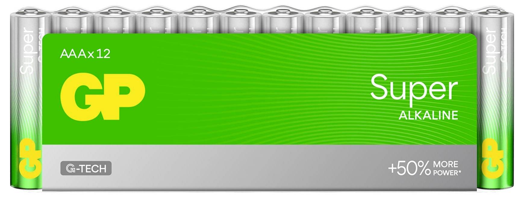 Verpackung von Super-Alkaline-Batterien mit grünem Etikett, großem 'GP'-Logo und Hinweis '+50% more power'.<br>