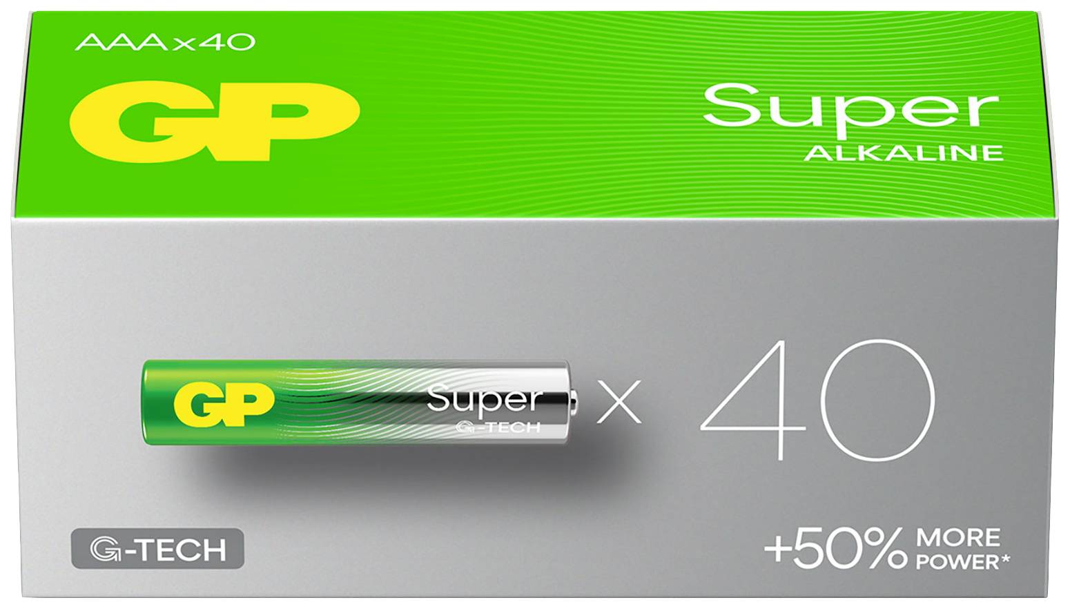 'GP Super Alkaline' Batterieverpackung mit grünem Design, zeigt eine Einzelbatterie und den Text '+50% mehr Leistung'. Enthält 40 AAA-Batterien.